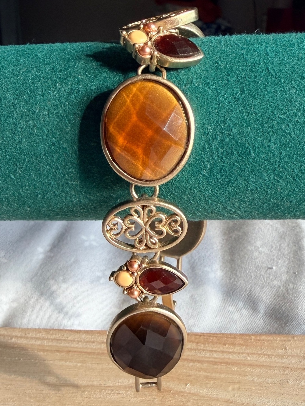 Gold-Tone Brown & Amber Stone Link Bracelet